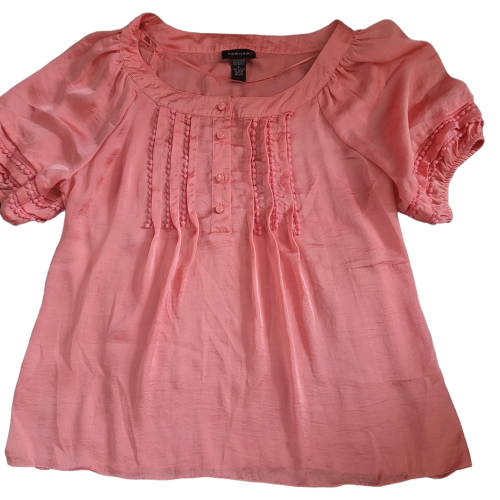 Spense Boho Peach Satin Tucked Front Blouse Size Large